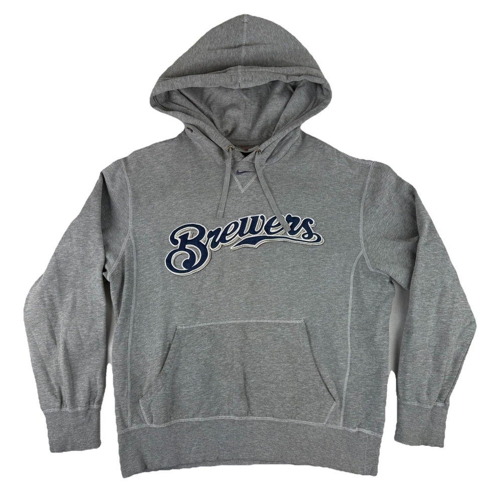 VTG Team Nike Milwaukee Brewers Center Swoosh Hoodie Medium MLB Baseball Gray